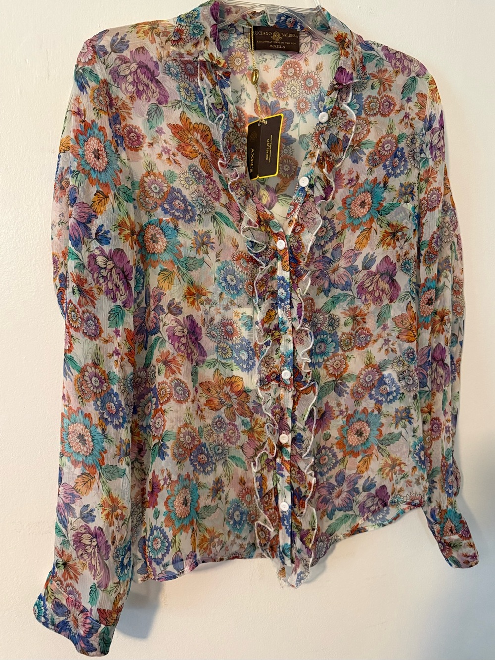 NWT Luciano Barbera Silk Floral Ruffle Button-Front Sheer Blouse - Multi Colored - Picture 2 of 8